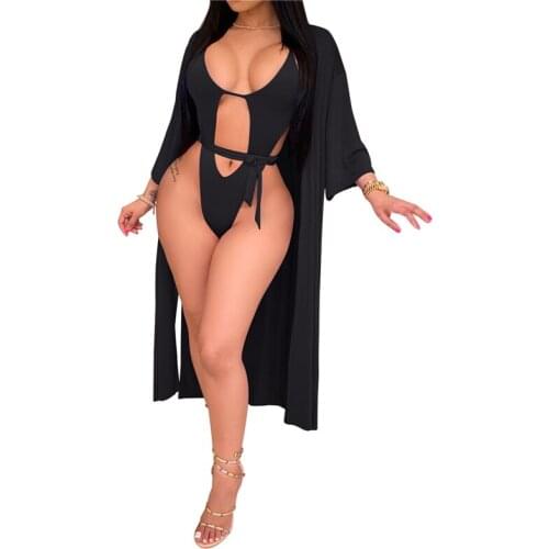 2Pcs Bathing Suit Female Solid Color Sleeveless One-Piece Swimwear+ Long Sleeve Coat Dress for Summer Female Clothing Bikinis