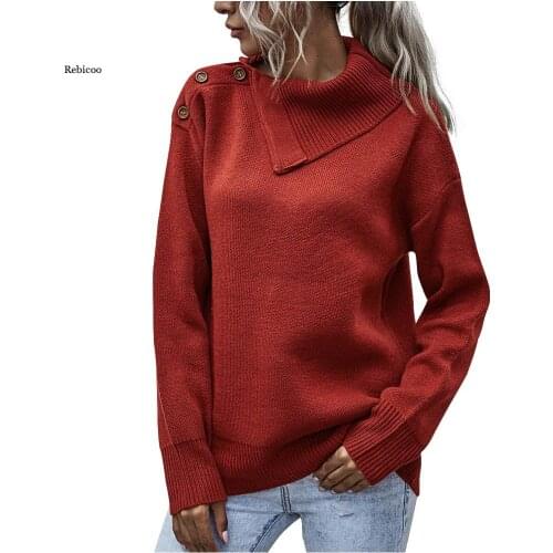 Women Sweaters Pullover Solid Button High Collar Long Sleeves Socket Sweater Tops Kobieta Swetry Pull Femme Chandails New