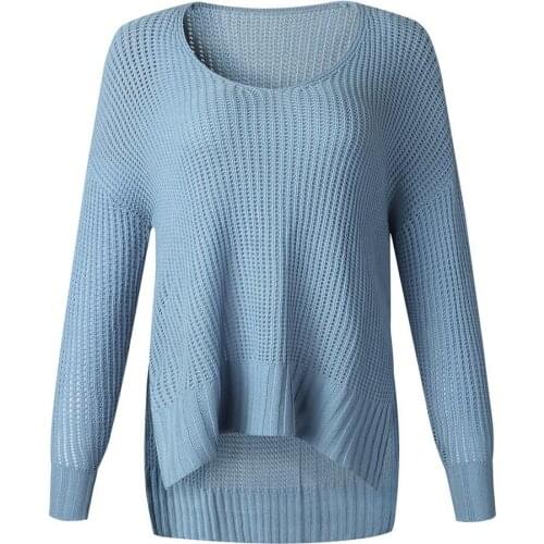 Women Loose Jumper Solid Color Long Sleeve Split High Low Hem Knitted Sweater