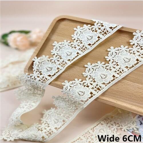 6CM Wide Off-white Cotton Embroidery 3d Flowers Lace Fabric Collar Cuffs Edge Trim Dress Curtains Fringe Sewing Decor DIY Crafts