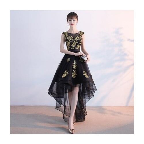 Banquet Evening Dress New Elegant Black Appliques Short Front and Long Back Prom Party Gowns