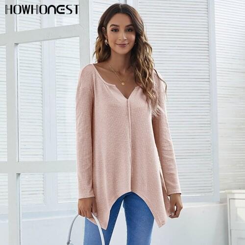 Za Womens T-shirt Autumn Winter New V-neck Irregular Casual Slub Cotton Pulovers T-shirt Korean Fashion Blouses Top Female Tees