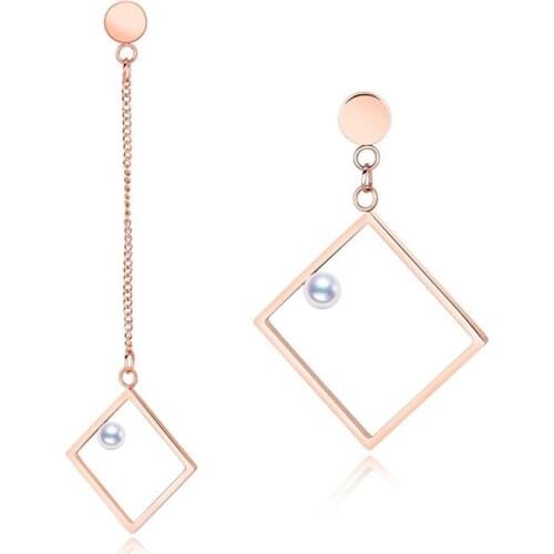 Trendy Geometric Asymmetry Drop Earrings Titanium Steel Long Imitation Pearl Simple Dangle Earring Jewelry E17096