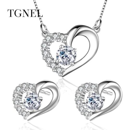 TGNEL S925 Sterling Silver Jewelry Set Pendants Necklace Stud Earrings AAA+ CZ Stone 100% Silver for Women Girl Engagement