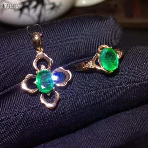 Real Natural Emerald jewelry set Natural Real Emerald 925 sterling silver 1pc pendant,1pc ring