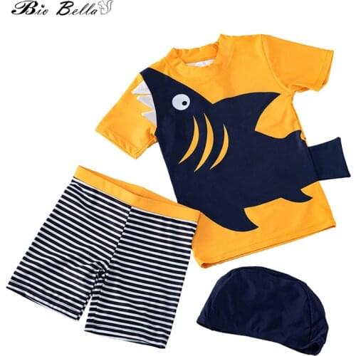 Shark Print Swimsuit Kids Boy 3pcs Cartoon Children Swimwear Short Sleeve Rash Guard UV UPF 50+ Child Little Boys Swimming Suit