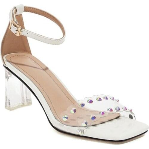 Zapatos De Mujer 2021 Pumps Genuine Leather Square Toe Heels Sandals Transparent Rivet Chunky Heels Party Wedding Shoes 3804