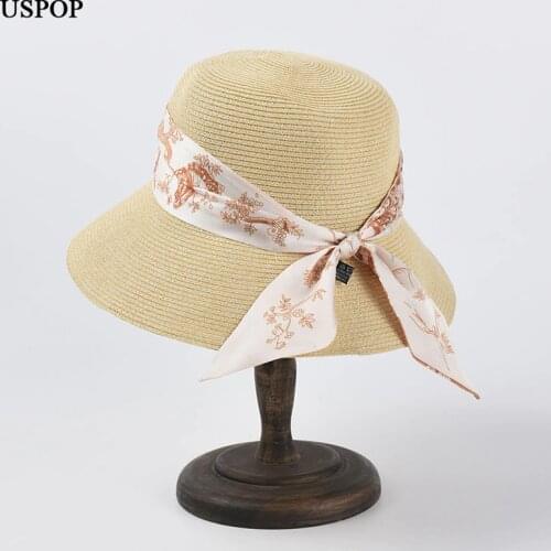 USPOP New Women Summer Straw Sun Hats Print Ribbon Bow Breathable Foldable Wide Brim Beach Hats Sunshade