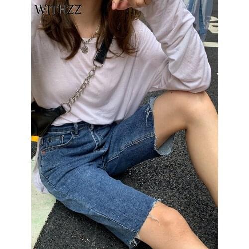 WITHZZ Summer Womens Straight Stretch Slim Slit Jeans Female Denim Shorts