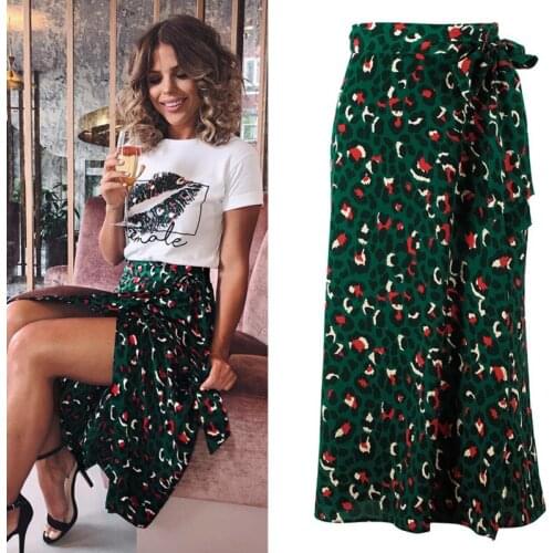 High Waist Sexy Leopard Print Elegant Spilt Long Skirts Bandage Bodycon High Street Casual Skirt