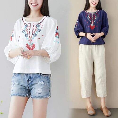 Ethnic Vintage White Floral Embroidered Blouses for Women Loose Half Lantern Sleeve Shirt Women Cotton Linen Top Casual Blusas