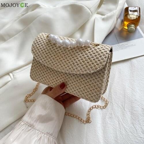 2021 Ladies Vintage Small Purse Handbags Vacation Women Woven Pure Color Pearl Chain Mini Shoulder Messenger Bag