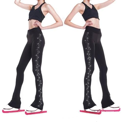 Womens Girls' Ice Figure Skating Training Clothes Long Pants Warm Tights Trousers with Rhinestones Dance Yoga Pants Trousers