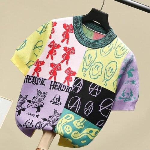 Summer Patchwork Multicolour Print Short Sleeve Knitted Pullovers Women Fashion Casual O-Neck Tops Thin Sweater Woman