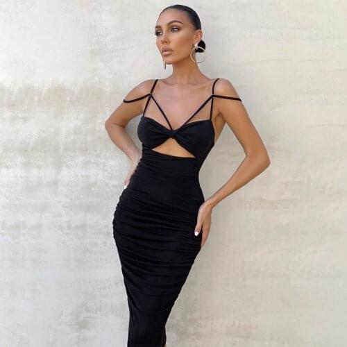 Sexy Spaghetti Strap Backless Black Summer Dress Women Elegant V-neck Hollow Out Long Dress 2021 New Birthday Club Party Dresses