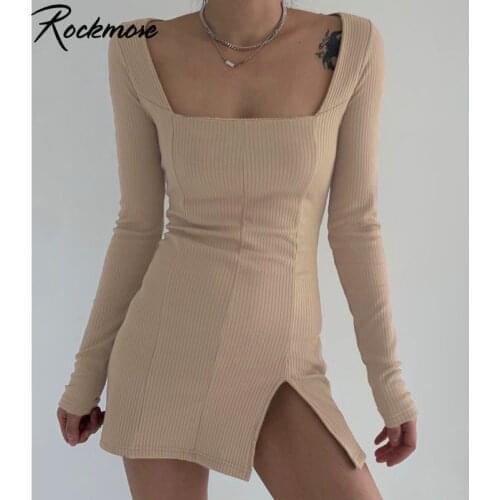 Rockmore Elegant Women Mini Dress Femme Sexy Long Sleeve Square Collar Split Black bodycon Solid Party Dresses Vestidos Fashion