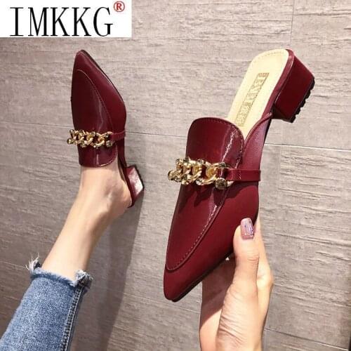 2021 Women Pumps Pointed Toe Sandals Sexy Buckle Patent Leather Party Slip On Slippers Shoes Female Square Heels Mules Slides