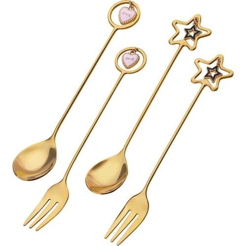 4 pcs Creativity Spoons Fork Mini Metal Gold Pendant Coffee Spoon Snacks Fruit Prikkers Dessert Fork Kitchen Tool Drop Shipping