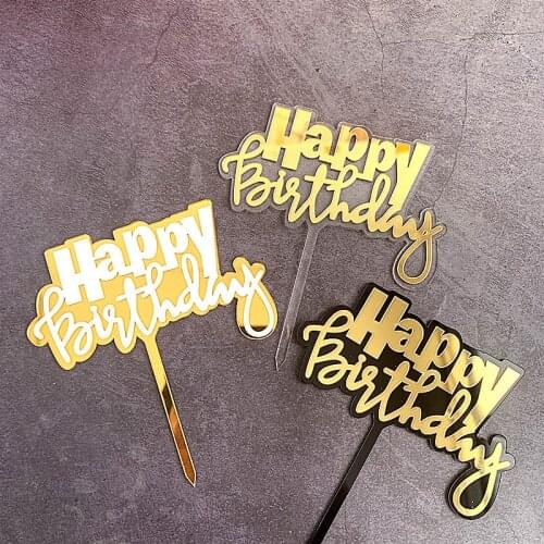 INS Acrylic Happy Birthday Cake Topper Gold Black Novelty Cupcake Topper For Baby Shower Kids Birthday Party Cake Decorations