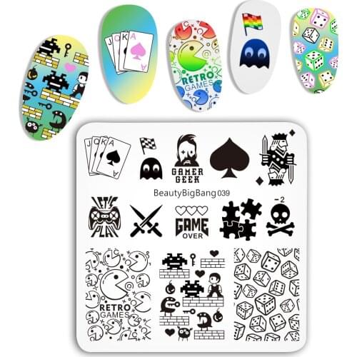 BEAUTYBIGBANG 1PCS 6*6cm Nail Stamping Plates Nail Template Game Theme Stamp Nail Art Stamp Image Template