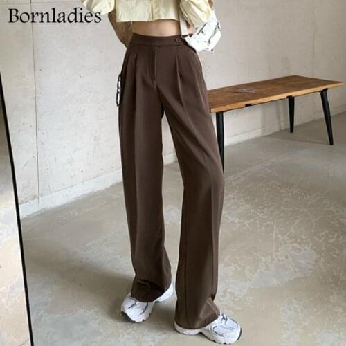 Bornladies 2021 Summer Casual High Waist Loose Straight Pants for Women Ladies Button Wide Leg Trousers Female Solid Pants