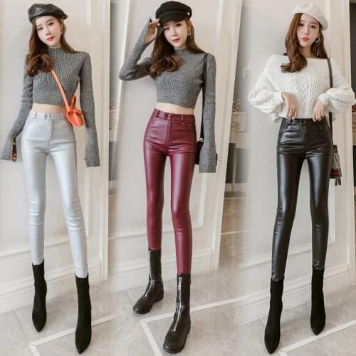 Women Thin Velvet PU Leather Pants 2019 Autumn Winter Female Elastic Stretch Skinny Faux Leather Pencil Pants Tight Sexy Trouser