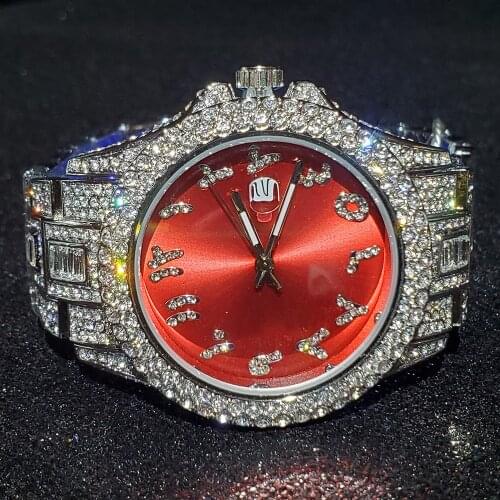 Hip Hop MISSFOX Red Mens Watches Luxury Iced Out Waterproof Diamond Steel Platinum Vacheron Watch for Men AAA Quartz Wristwatch