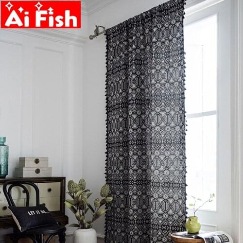 Black and White Square Design Curtains with Black Tassels Curtain For Living Room Semi-shade Bohemian Finished Curtain MY180#5