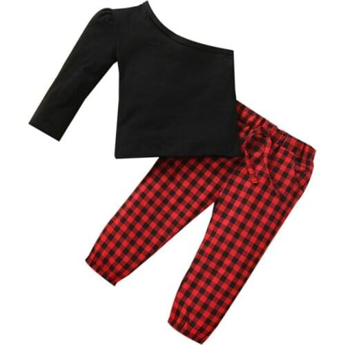 6M-3Y Infant Kids Baby Girl One Shoulder T-shirt Tops Plaid Long Pant Trouser 2PCS Spring Autumn Clothes Set