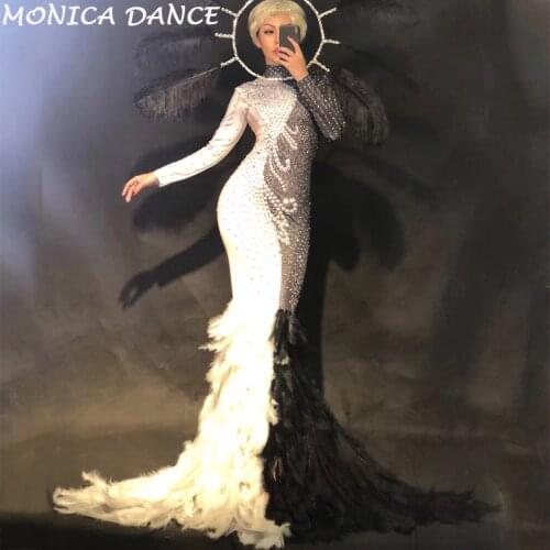 Nightclub Stage Clothes for Singer Women Birthday Dress Glisten Rhinestones Feather Black White Long Dress Evening Party Dress