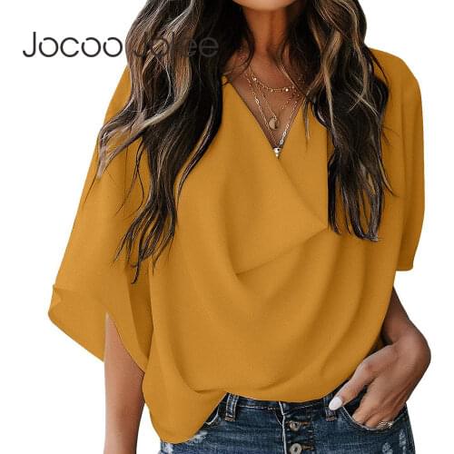 Jocoo Jolee Women Chiffon V-Neck Solid Pleated Flare Sleeve Loose Summer Casual Basic Pullover Elegant Blouse Office Lady Shirt