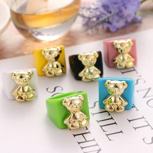 Vienkim 2021 New Colorful Resin Square Rings Little bear Acrylic Fing Ring Shiny for Women Girls Party Travel Jewelry Gifts