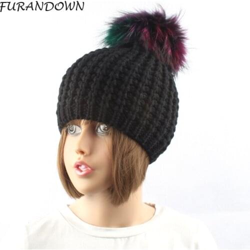FURANDOWN Autumn winters fashion brand skullies & beanies bonnet pompom fur hats for women girls