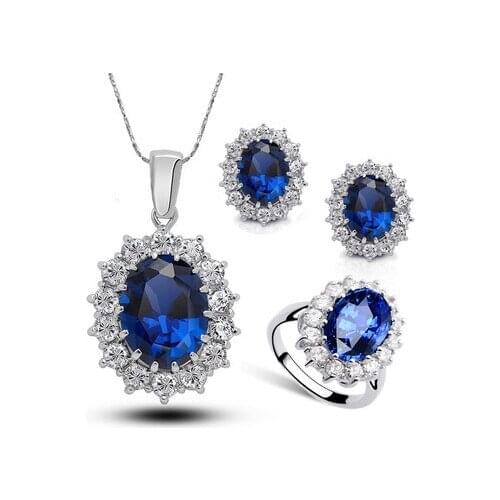 Fashion Blue Crystal Stone Wedding Jewelry Sets For Brides Silver Color Necklace Set For Women African Jewelry Sets & More