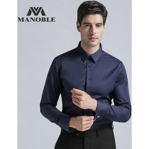 High Quality Mens Dress Shirt Brands New Fashion Regular Fit Shirts Business Long Sleeve with Cufflink Solid Color Navy Blue