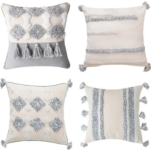 Pure Cotton Hand-Embroidered Tufted Pillowcase Cushion Cover 45x45cm Cream Color Checkered Square Sofa Pillow Cover Home Decor