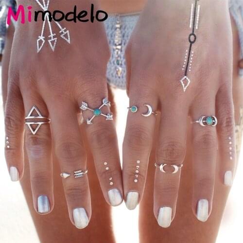 New Arrival 6PCS Vintage Turkish Beach Punk Moon Arrow Ring Set Ethnic Carved Silver Color Finger Ring Knuckle Charm anelli