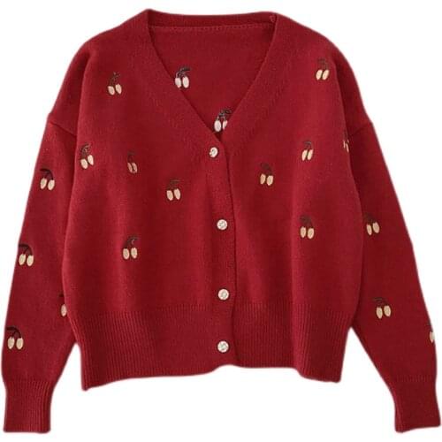 Autumn and winter Korean of cherry embroidery V-neck design knitted long-sleeved loose sweater