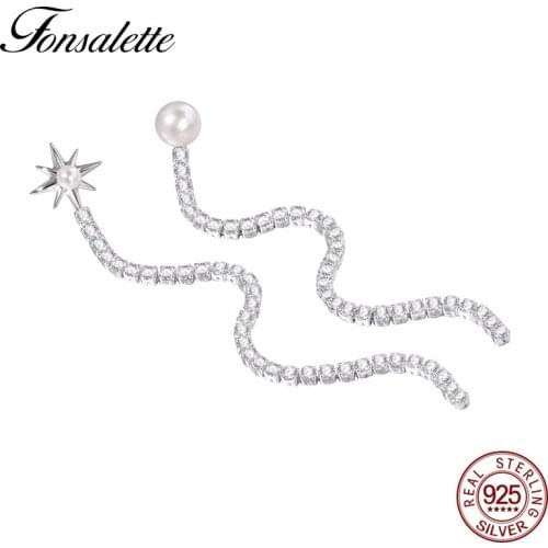 New Fashion 925 Silver Jewelry Long Chain Tassel Earrings Cubic Zirconia Freshwater Pearl Statement Drop Dangle Earring ZK30