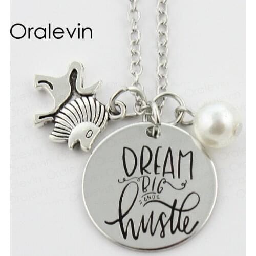 DREAM BIG AND HUSTLE Inspirational Hand Stamped Engraved Pendant Chain Necklace for Trendy Women Gift Jewelry, #LN1863