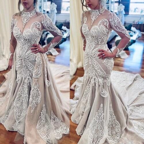 Vintage Champagne Wedding Dresses Mermaid Crothet Lace Boho Wedding Dress With Detachable Train Long Sleeves Pearls Muslim Brida