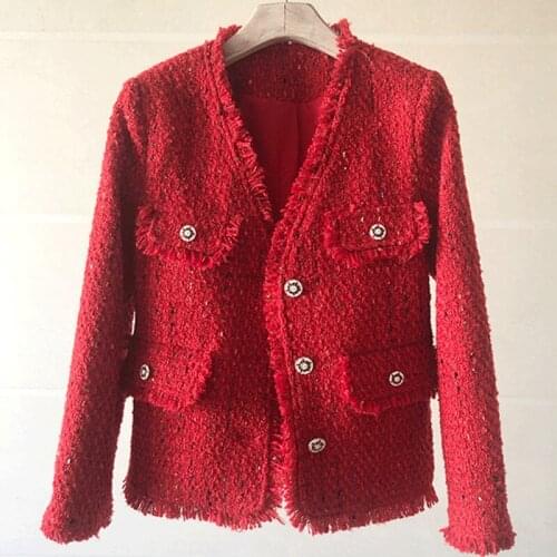 Tassel Tweed Jacket Women V-neck Single Breasted Woolen Jackets Coat Office Lady Red Outwear Autumn Winter High Qaulity