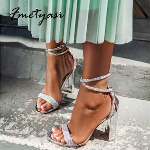 Heels Women Sandals 2021 Fashion Rome New Silver Round Toe PU Rhinestone Crystal Heel Ankle Strap Wear-resistant Big Size