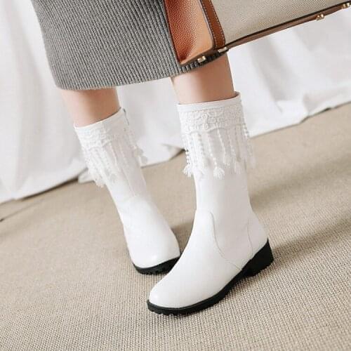 PXELENA Tassel Ankle Boots Women Square Low Heels Side Zipper Riding Knight Short Boots Ladies Shoes Casual Comfort Black White