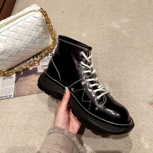 Osunlina Ankle Boots Black White Genuine Leather Lace-up Woman Boots Round Toe Square Heels Comfortable Platform Shoes A010