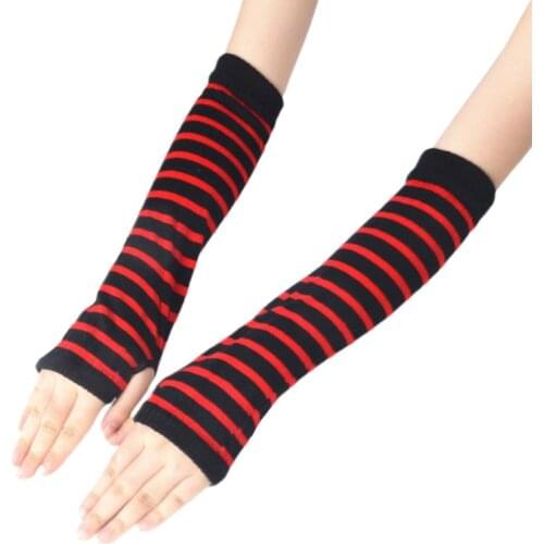 Women Girls Knitted Fingerless Long Gloves Stripes Printed Over Elbow Length Winter Stretchy Arm Warmer Sleeves with Thumb Hole
