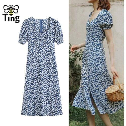 Tingfly Summer Fashion France Chic Ins Stylish Floral Casual Dress Women Streetwear Split Puff Short Sleeve Vestidos Elbise Za