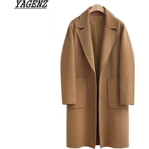 YAGENZ Spring Autumn Wool Coat Jacket 2020 New Fashion Large size Lady Solid Loose Woolen Outerwear Women cardigan Brand Coat