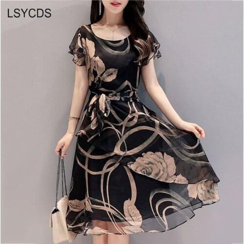 LSYCDS Women Elegant Chiffon Dress O Neck Short Sleeve Knee Length Rose Flower Print 50s 60s Vintage Dress Plus Size S-5XL