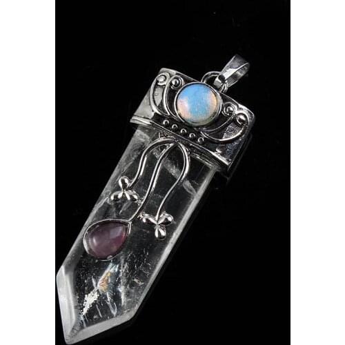 100-Unique 1 Pcs Silver Plated Natural Rock Crystal Sword Shaped With Small Amethysts Leaf Pendant For Gift Jewelry